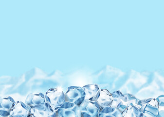 Ice cubes on blue background. Iced realistic frozen water and snowy mountans landscape poster for ads. Vector illustration