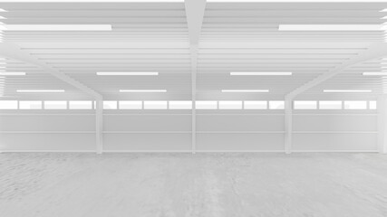 White warehouse background with a concrete floor in perspective view. 3D illustration rendering.