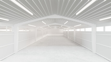 White warehouse background with a concrete floor in perspective view. 3D illustration rendering.