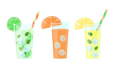 Citrus drinks set. Lemonade, orange juice and mojito in glasses isolated.  Vector illustration