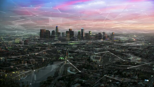 Connected Aerial View of The Financial District In Downtown Los Angeles at Sunset. Famous Skyscrapers With Futuristic Network. Internet Of Things, Smart Cities, Big Data, Augmented Reality. California