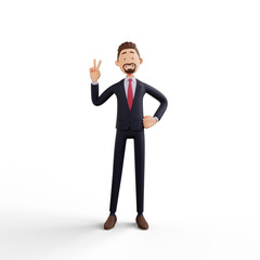 3d business man character render standing with peace sign hand pose in white background