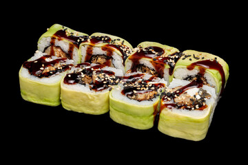 Japanese food: maki and nigiri sushi set on black background. side view composition.