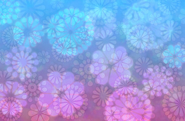 淡いパステルカラー、幾何学的な花柄の背景、青〜ピンク