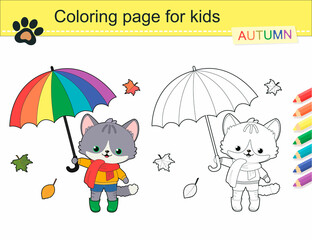 Obraz na płótnie Canvas Coloring page of cute gray cat with umbrella. Vector illustration. Cartoon flat style