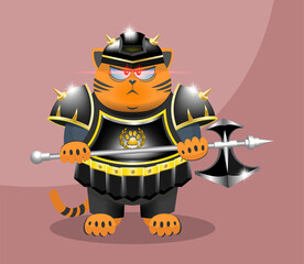 Angry cartoon red fat serious cat knight in black and gold armor with a big ax. Bright radiant highlights and glowing red eyes