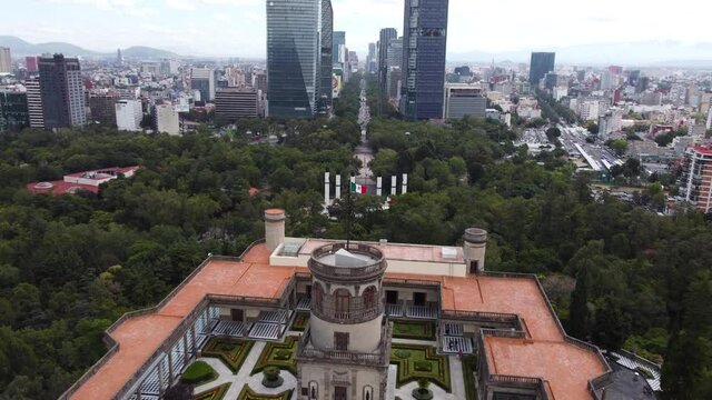Aerial view of the Chapultepec Castle, located on top of a hill in Chapultepec public park, Mexico City, Mexico. Paseo de La Reforma avenue is seen in the background.