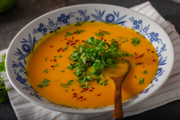 Bio homemade pumpkin soup with chilli