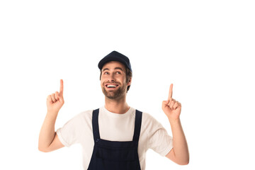 Smiling worker of cleaning service pointing with fingers isolated on white