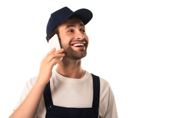 Young worker of cleaning service talking on mobile phone isolated on white