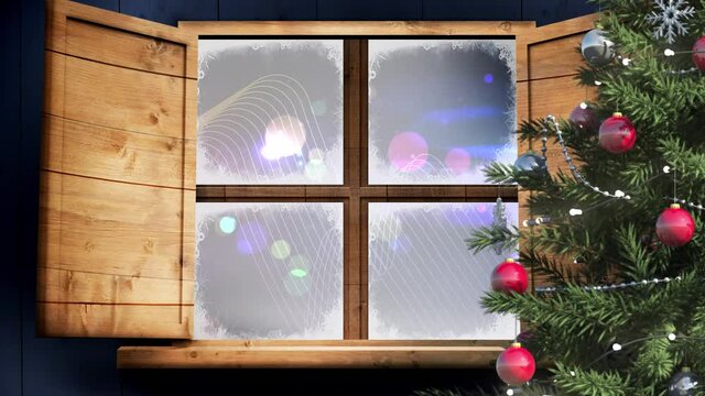 Christmas tree and wooden window frame against digital wave and spots of light on blue background
