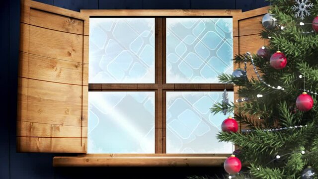 Christmas tree and wooden window frame against multiple blue square shapes on blue background