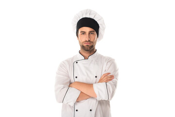 Serious chef standing with crossed arms isolated on white