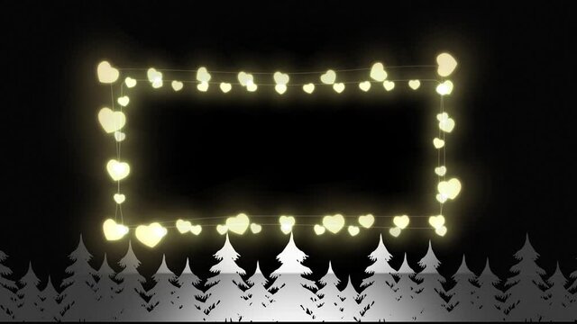 Yellow heart shaped fairy lights against multiple trees icons on black background