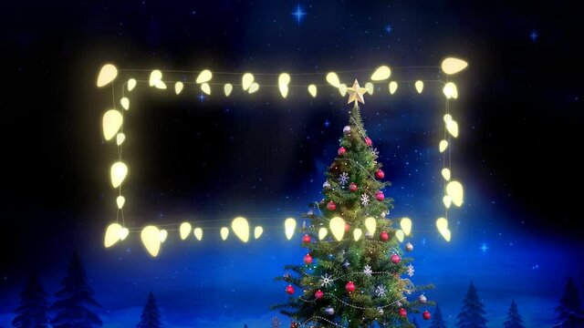 Decorative fairy lights against christmas tree and shining stars at night sky