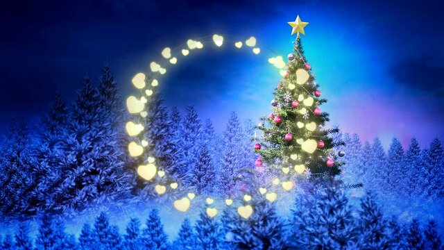 Yellow glowing heart shaped fairy lights against christmas tree on winter landscape