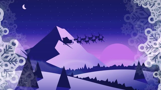 Snowflakes forming a frame against santa claus in sleigh being pulled by reindeers in night sky