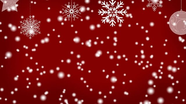 Christmas hanging decorations and christmas tree icons over white spots falling on red background
