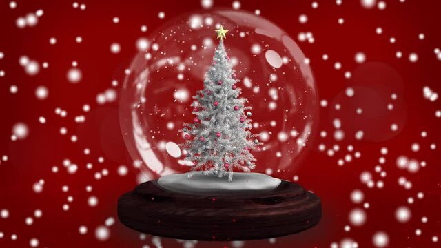 Shooting star around christmas tree in a snow globe over white spots falling against red background