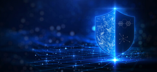 Cybersecurity technology privacy concept to protect data. There is a shield on the right hand side. against a dark blue background with glittering lights as the background. - obrazy, fototapety, plakaty