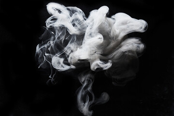 Abstract dark paint in water background. White smoke cloud motion on black, acrylic ink swirl splashes