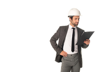Engineer in hard hat holding clipboard isolated on white