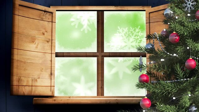 Christmas tree and wooden window frame against snowflakes falling on green background