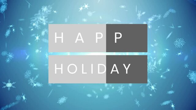 Happy holidays grey text banner over snowflakes and spots of light against blue background