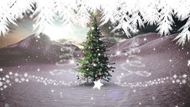 Snow falling over christmas tree on winter landscape against multiple star icons