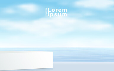 Abstract 3D white podium with blue sky background. Modern vector rendering geometric platform for product display presentation.