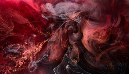 Red black pigment swirling ink abstract background, liquid smoke paint underwater