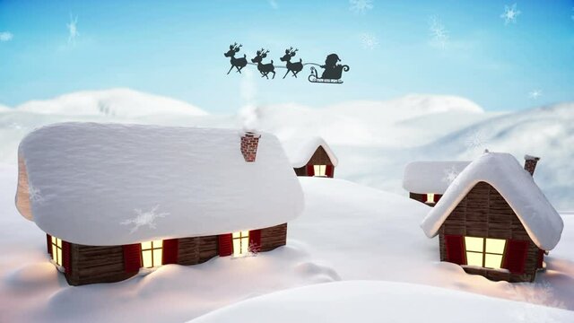 Snowflakes falling on santa claus in sleigh being pulled by reindeers over winter landscape