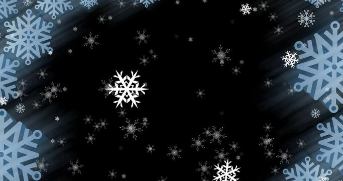 Snowflakes forming a frame against star icons floating against black background