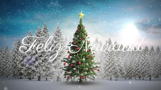 Feliz navidad text against snow falling over christmas tree on winter landscape - Powered by Adobe