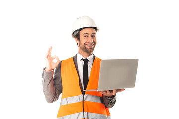 Engineer with laptop showing ok gesture isolated on white
