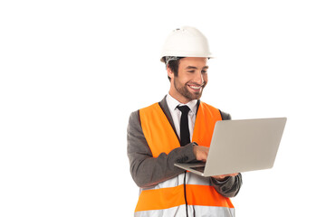 Smiling architect using laptop isolated on white