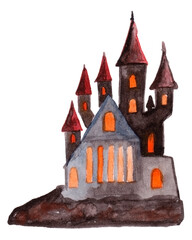 Watercolor hand drawn Halloween illustration with dracula's castle
