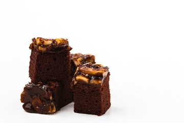 Delicious toffee cake on white background for bakery, food and eating concept