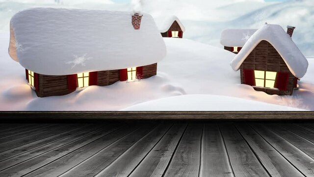 Animation of snow falling over winter landscape and wooden board surface