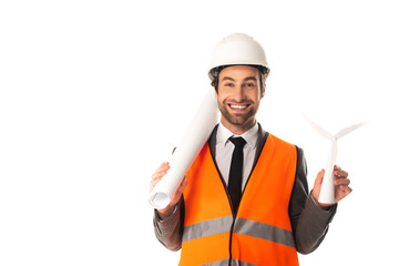 Smiling engineer with blueprint and model of wind turbine isolated on white