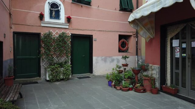 Europe, Italy , Liguria, Bonassola July 2021 - little sea village near Cinque Terre with colored houses typical of Ligurian constructions  - Downtown of the village