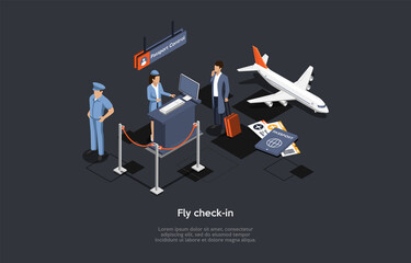 Vector Composition. Isometric Design, Cartoon 3D Style. Fly Check-In. Airport Inside Elements And Characters. Crew Workers, Customer With Baggage, Personal Documents, Airplane, Passport Control Area