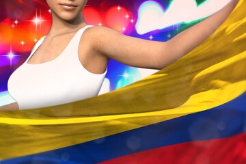 sexy lady holds Colombia flag in front on the party lights - flag concept 3d illustration