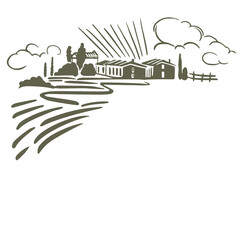 Rural view background template. Rustic Italian landscape on a white background. Rural landscape with houses at dawn