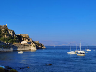 corflu island castle, liight and church of st george by the sea , greece