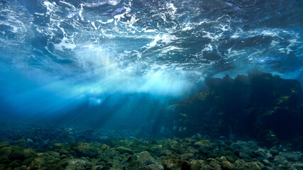 Rays of sunlight over the reef underwater