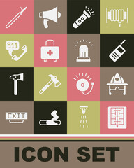 Set Evacuation plan, Firefighter helmet, Walkie talkie, Flashlight, First aid kit, Telephone call 911, Metal pike pole and Ringing alarm bell icon. Vector