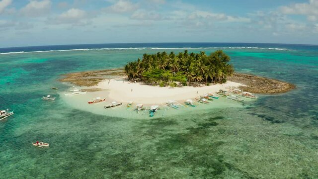 Seascape with beautiful beach and tropical island palm trees by coral reef from above. Guyam island, Philippines, Siargao. Summer and travel vacation concept