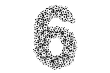 Number 6 from soccer balls or football balls, 3D rendering