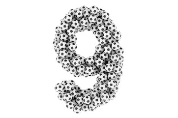 Number 9 from soccer balls or football balls, 3D rendering